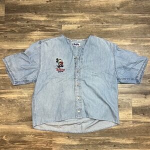 Vintage 90s Disney Store Mickey Mouse Embroidered Denim Button Up Shirt XL